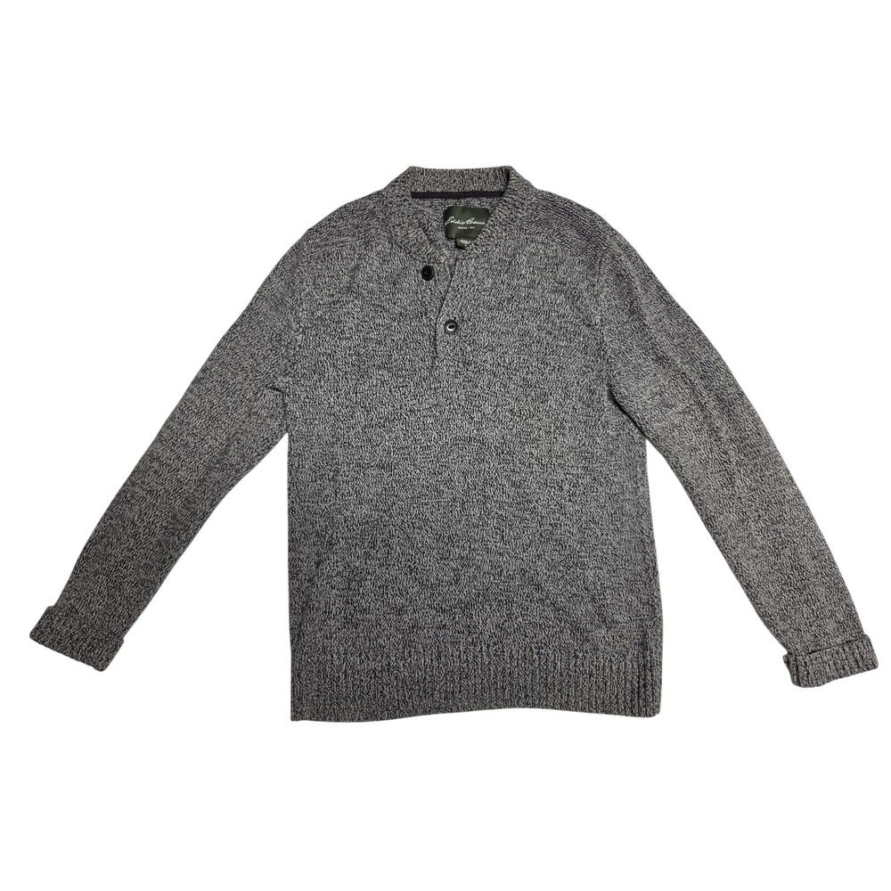 Eddie Bauer Black & White Heather Knit Mock Neck Button Pullover Sweater Men M